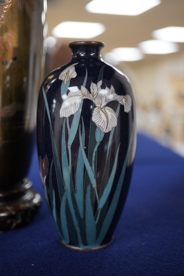 A Japanese presentation bronze and mixed metal vase on hardwood stand and a pair of cloisonne enamel vases (3), tallest 20cm. Condition - fair to good